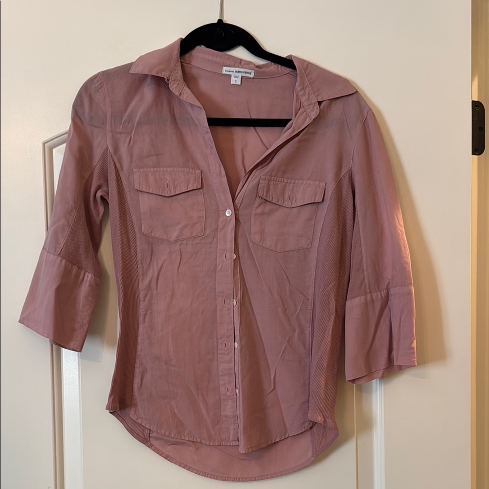 James Perse Pink Fitted Button Down Shirt with Notched Collar